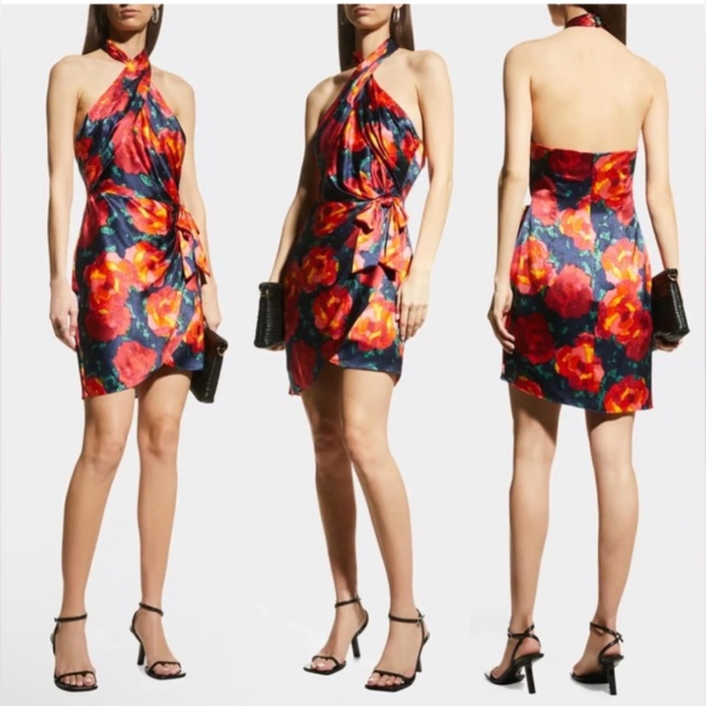 NEW Cinq à Sept Blue Trini Satin Floral Halter Neck Wrap Dress Size 4 - $496